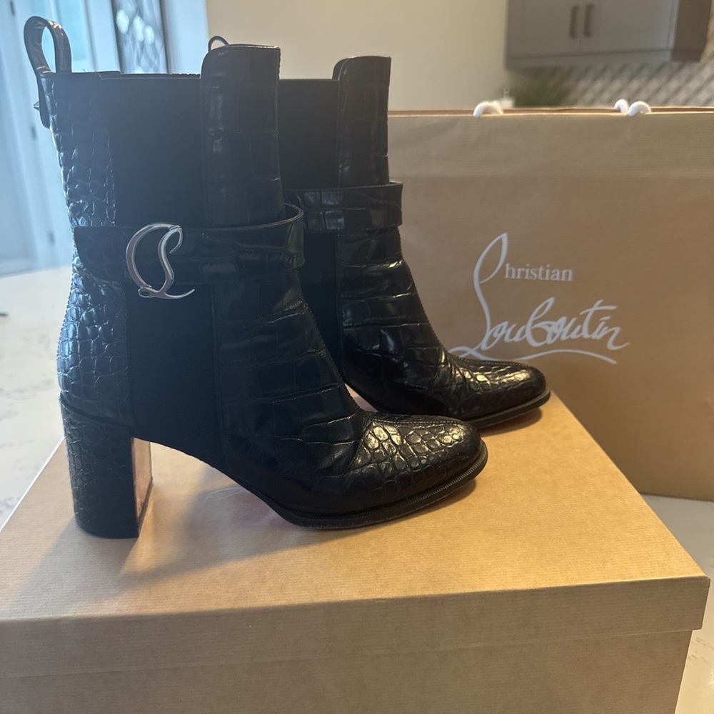 Christian Louboutin Black Croc-Patterned Heeled Boots